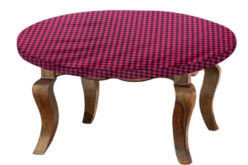 Image of The Furnishing Tree Round Elastic Fitted Center Tpoy Table Cover WxL 20x20 Inches Checkered Pattern Maroon