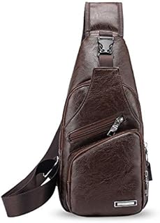 FANDARE New Sling Bag Chest Bag with USB Charging Port Earphone Hole Sport Gym Student One Shoulder Backpack Men Outdoor Shoulder Bag Waterproof PU Dark Brown A