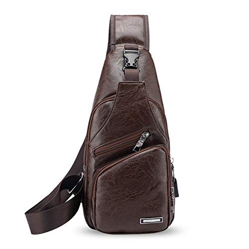 FANDARE - Bolsa bandolera con puerto de carga USB, para deporte, gimnasio, estudiante, para hombre, bolsa de hombro al aire libre, resistente al agua de poliuretano Dark Brown a
