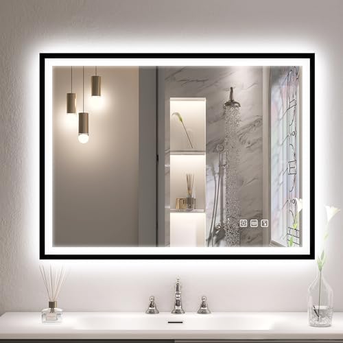 S'bagno Bluetooth-Espejo-Baño-con-Luz 80x60 cm, Espejos de Baño con LED y Función Antivaho/Cristal Templado/ 3000K-6500K/ Regulable, IP44 Espejo Baño LED con Marco de Hierro Negro