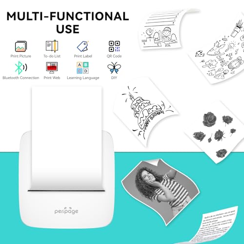 PeriPage P21 Mini Drucker, Bluetooth Mini Thermodrucker, Tiny Fotodrucker kompatibel Android/Apple, Tragbarer Etikettendrucker Mini Printer für DIY, Tagebuch, Fotos und Notizen,Weiß
