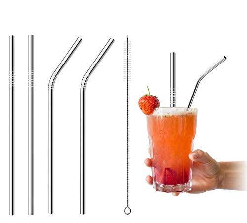 Image of STAR WORK - Metal Straws Stainless Steel Straws 8.5 inch Drinking Straws Reusable 4 Set And 1 cleaning Brush For Picnic,Travelling,Home,Bars (SILVER)