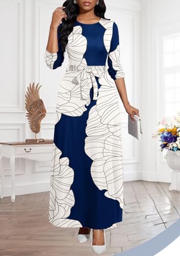 Image of BubFee Long Dress for Women Casual Long Sleeve Dresses Maxi Dress Empire Waist Loose with Belt