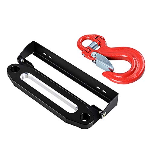 AMOPA amopacorp Red Half-Link Safety Latch Winch Hook WLL 28,000lbs and 10 inch Chrom Black Aluminum Hawse Fairlead with Stainless Steel Flip-Up 254mm Mounted License Plate Holder