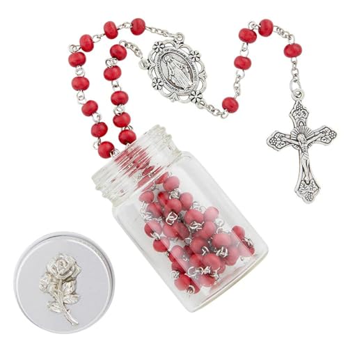 Catholic Rose Petal Red Rosary Necklace with Rose Bud Glass Bottle Rosary Case with Screw Top Silver Lid, onesize