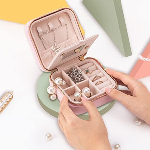 Smileshe Travel Jewellery Box with Mirror, Velvet Mini Case for Women Girls, Small Portable Gifts Organiser Boxes for Rings, Earrings, Necklaces, Bracelets (Pink)