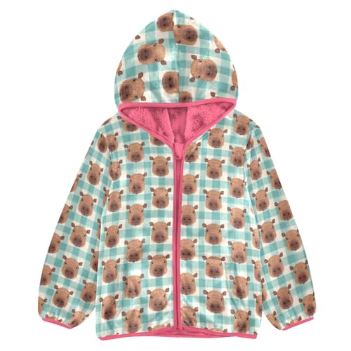 Aflyko Girls Warm Coat Capybara Plaid Aqua Zip-Up Hoodie Fleece Outerwear Kids Pink Hooded Jacket Children's Fashion Cute Sweatshirt, 9-10T