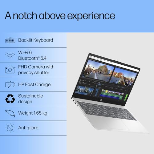 Image of HP 15, Intel Core Ultra 5 125H Laptop (16GB DDR5,512GB SSD) IPS, Anti-Glare, Micro-Edge, 15.6'' /39.6cm, FHD, Win11,M365 Basic(1yr),Office Home24,Silver,1.65kg, FHD Camera w /Shutter, FPR, hr1000TU