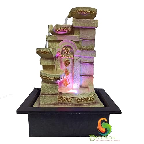 Image of Decorative Table Top Water Fountain for Home Decor /Office /Indoor & Outdoor /Garden /Puja Room /Vaastu with Multicolor LED Light and Adjustable Water Pump (4 Step Designer Diya)