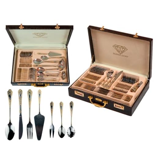 Juego de cubiertos - 84 piezas, chapado en oro, (con una hermosa caja), de acero inoxidable