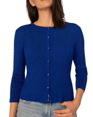 Image of Cable & Gauge 3 /4 Sleeve Cardigan for Women, Crew Neckline & Button Down Front, Stitch Detail