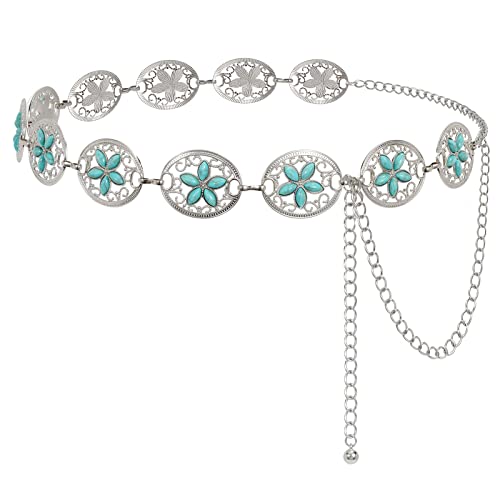 Image of LEACOOLKEY Women Turquoise Concho Chain Waist Belt Silver Western Cowgirl Metal Chain Belt for Dress Adjustable