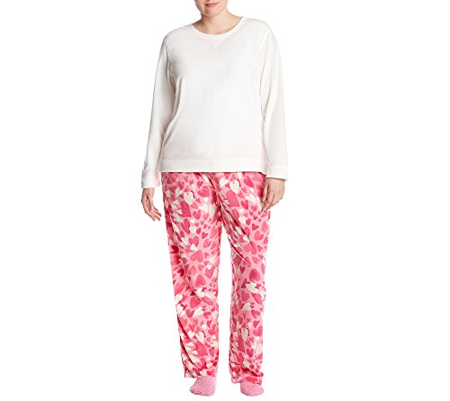 HUE Women's Sueded Fleece Long Sleeve Tee and Pant 3 Piece Pajama Set, Off White/Heart Burst, Medium