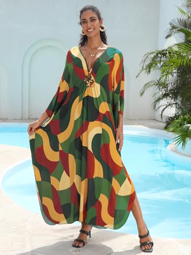 Image of IMAGEKOPE Women's Plus Size Animal Print V-Neck Batwing Kaftan Beach Dress Bathing Suit Cover-Up Loungewear