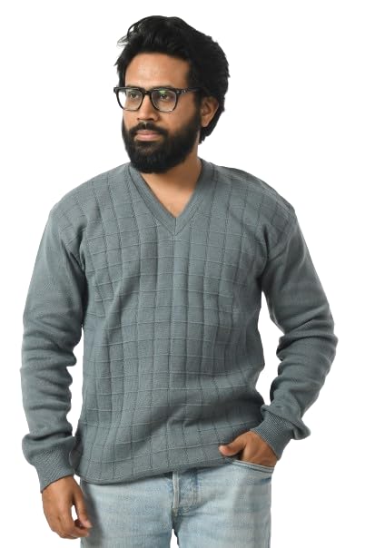 Men V- Neck Self Design Check Full Sleeve Woolen Winter Pullover Sweater (Men OSWAL SELF Check Sweater)-image-3