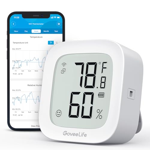 GoveeLife E-Ink WiFi Thermometer Hygrometer Digital Room Humidity Meter Indoor Temperature Monitor with App Notification Alert 2-Year Free Data Export Suitable for Greenhouse Wine Cellar Drawers