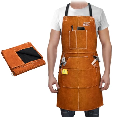 ARCCAPTAIN Leather Welding Work Apron 24 X 36 Heat Flame Resistant Cowhide Blacksmith Aprons with 6 Tool Pockets for Welders Men Women Adjustable M to XXXL-Brown
