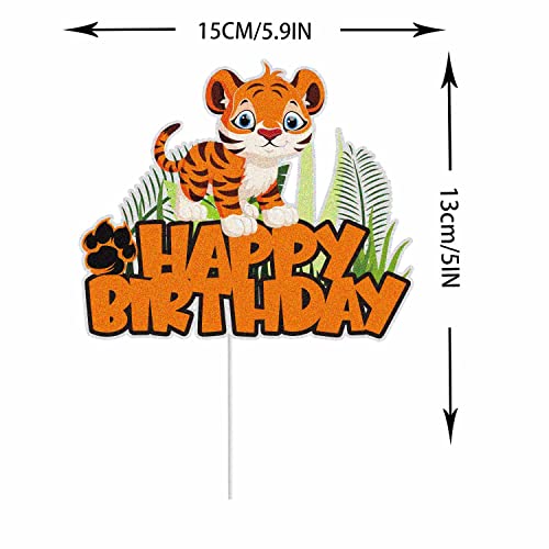 Baby Tiger Happy Birthday Cake Topper Black Orange Glitter Safari Jungle Wild Animals Theme Birthday Cake Decor Cute Tiger Zoo Animal Party Decoration Supplies For Kids Boys Girls #TOP1