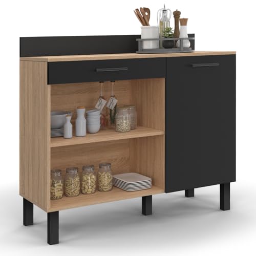 IDMarket - Buffet Bas de Cuisine 100 CM CINA Plan de Travail H.83 cm 1 Porte + 1 tiroir façon hêtre et Noir