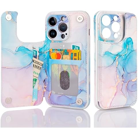Wallet Case for Apple iPhone 13 Pro 6.1 Inch, PU Leather Credit Card Holder with RFID Blocking, Cell Phone Case with Camera Protection, Durable Shockproof Soft TPU Cover Kickstand (Pink Blue Marble) Cover