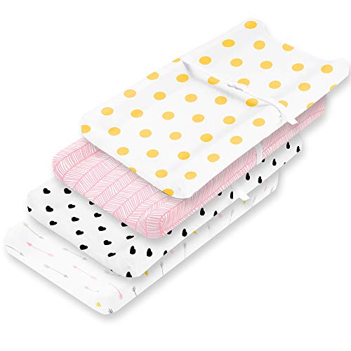 Image of Changing Pad Cover – Premium Baby Changing Pad Covers 4 Pack – Boy or Girl Changing Pad Cover – Pure Cotton Machine Washable Pink and White Changing Table Cover – Diaper Changing Pad Cover Sheets
