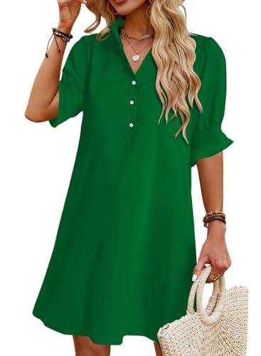 Image of Womens Summer Shirt Dress 2026 Casual Ruffle Short Sleeve Button Down Flowy Swing Shift Mini Dresses with Pockets
