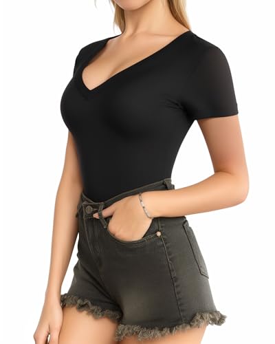 Image of MANGOPOP Women Modal V Neck Folded Over Short Sleeve Bodysuit Jumpsuit