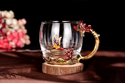 MOODUUTY Tea Cup, Mother's Day Gifts, Coffee Mug Cups, Glass Coffee Cups Tea Mugs Handmade Butterfly Rose,12 oz (Rose) Ideal for Friend Wedding Anniversary Birthday Presents