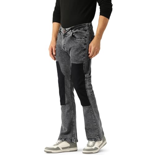 Image of PARIS HAMILTON Men Bootcut Fit Carpenter Style Color Blocked Bellbottom Heavy Fade Charcoal Grey Stretchable Denim Jeans 28 inch
