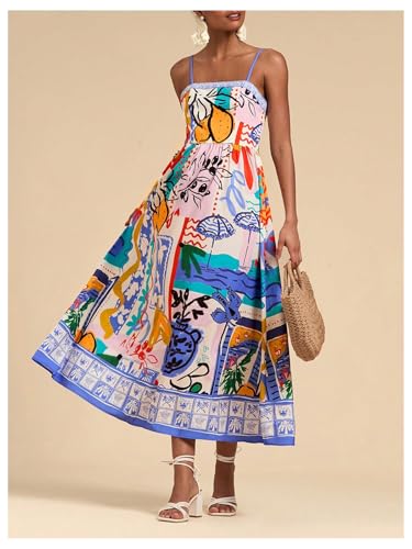 Image of WDIRARA Women's Boho Floral Sleeveless Ruffle Maxi Dress Tropical Graphic Tie Shoulder Smocked Cami Dresses