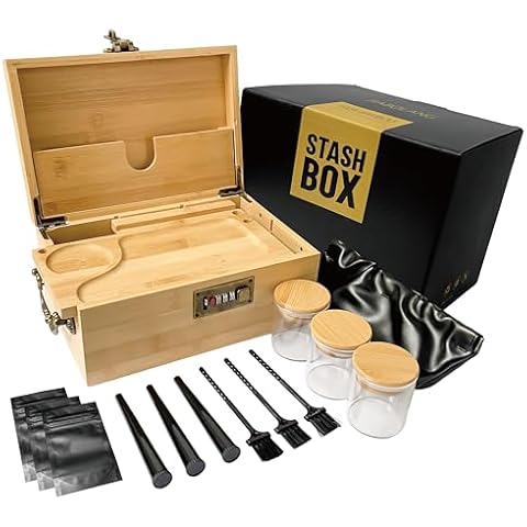 Premium Bamboo Box with Combination Lock & Handle, Home Decorative Storage Box, Large Locking Stash Box with Smell Proof Pouches, Glass Jars, Storage Bag, Tubes, Brushes as Great Gift Choice (Bamboo) Cover