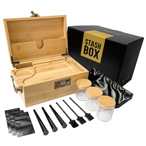 Premium Bamboo Box with Combination Lock & Handle, Home Decorative Storage Box, Large Locking Stash Box with Smell Proof Pouches, Glass Jars, Storage Bag, Tubes, Brushes as Great Gift Choice (Bamboo)