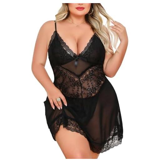 UMIPUBO Lenceria Mujer Sexy Talla Grande Plus Size Babydoll Lencería Encaje Picardias Cuello V Ropa Interior Camisone Pijama Tanga Camisolas Elegante (Negro, XL)