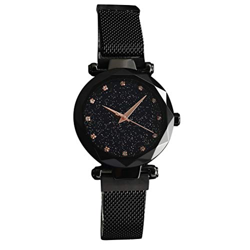 Comtervi Ladies Quartz Watch Magnetic Buckle Wristwatch Fashion Starry Sky Magnetic Mesh Strap Look to Rhinestone Leisure Network Chain Glass Mirror Girl Clock (Black)