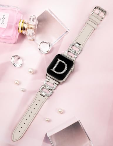 Wearlizer Leather Band Compatible with Apple Watch Bands 41mm 40mm 38mm 44mm 45mm 42mm 49mm Ultra 2 Women, Dressy Fancy Bling D-Shape Diamond Leather Strap for iWatch Bands Series 9 8 7 6 5 4 3 2 1 SE