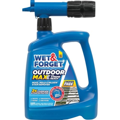 Wet & Forget Outdoor Moss, Mold, Mildew, & Algae Stain Remover Multi-Surface Cleaner, Xtreme Reach Hose End with New & Improved Nozzle, 48 Fluid Ounces