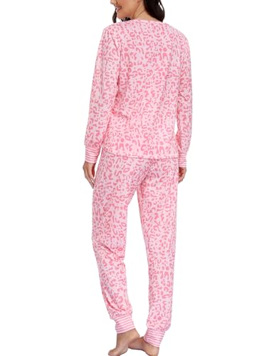 SWOMOG Women’s Pajamas Set Long Sleeve Sleepwear with Pants 2 Pieces Cozy Modal Loungewear Pj Set Pink Leopard - Thumbnail 6