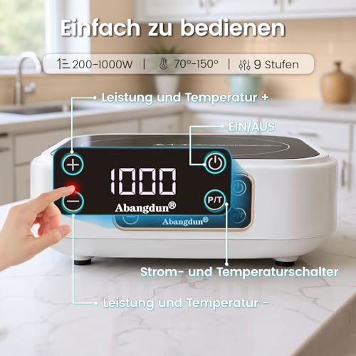 Mini Induktionskochplatte, 1000W Mini induktionskochfeld 1 Platte, Induktionsplatte mit 7 Leistungsstufen, 200W-1000Watt Elektrisch Kochplatte Induktion for Campinganhänger, Camping AJ350 (18F)