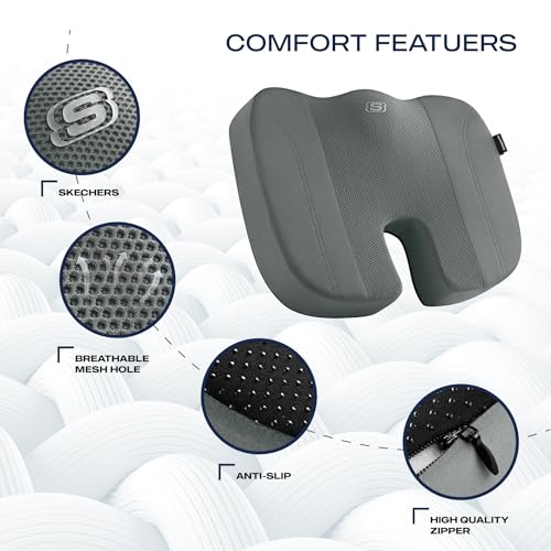 Skechers Seat Cushion, Air Cooled Memory Foam Cushion for Office Chair,Ergonomic Office Desk Accessories for Tailbone Pain Relief,Chair Cushions for Long Sitting Office Workers,Car Drivers,Gray