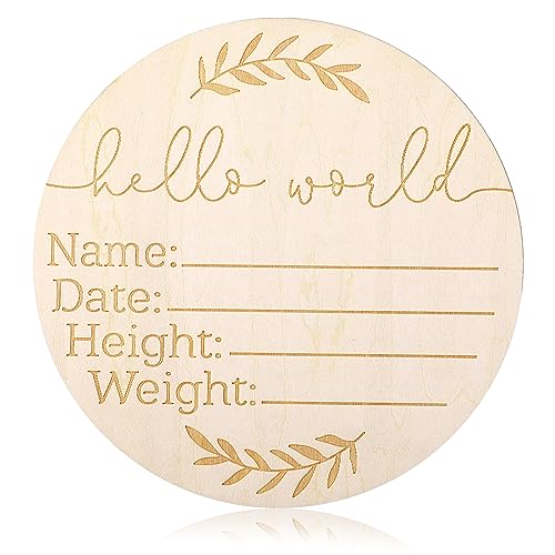 Image of Baby Birth Announcement Sign Wooden Hello World Newborn Sign Round Double-Sided Boho Willow Branch Baby Name Announcement Sign for Girl Boy Photo Prop Baby Shower Nursery Gift Keepsakes(Style 2)