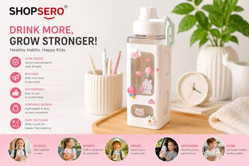 Image of Kawaii Bear Water Bottle with Straw & Stickers - 700ml Cute Square Plastic Drinking Bottle for Girls | Portable Juice /Tea /Sports Bottle (White)
