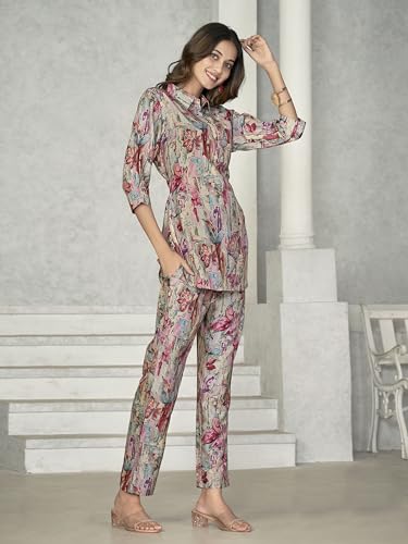Image of NAINVISH Women Muslin Floral Co-Ord Set | Ethnic | Casual Wear Pant Top Set | Fancy | Full Pair Set | Kurtis Sets | Kurta Pant Set