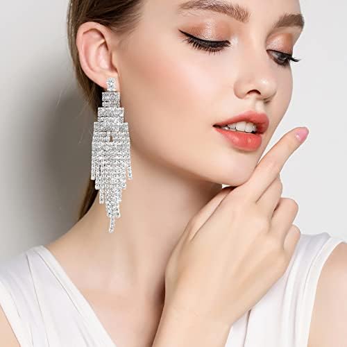 Yolev 3 Pairs Silver Teardrop Crystal Chandelier Earrings Long Tassel Earrings Rhinestone Fringe Chain Earring Bridal Jewellery Silver Tassel Drop Dangle Earrings Crystal Statement Dangle Earrings