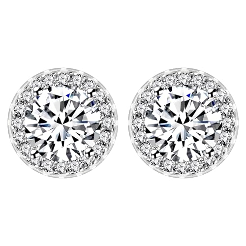 Image of Tobestu White Cubic Zirconia Stud Earring for Women Men - Platinum Plated Round Faux Diamond Halo Stud Earrings for Holiday Christmas YA5034