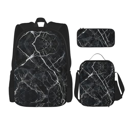 Black Marble Print 3 Piece Backpack Set, Laptop Daypack, Lightweight Bookbag Set With Lunch Bag Pencil Case