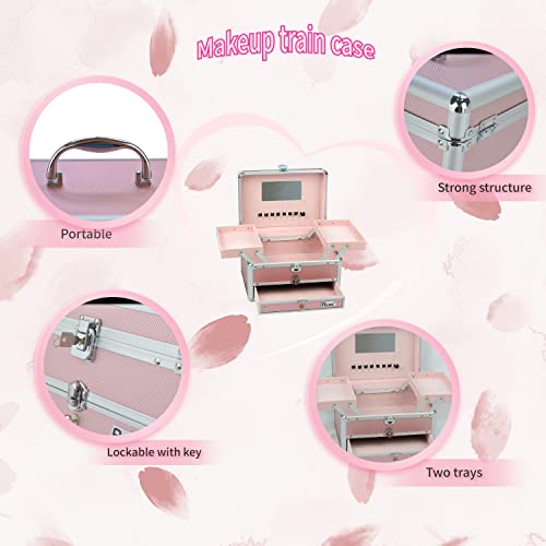 Reme Makeup Train Case Cosmetic Organizer Case With Trays And Drawer For Cosmetics,Jewelry Box Or Gift Box (Pink) #TOP3