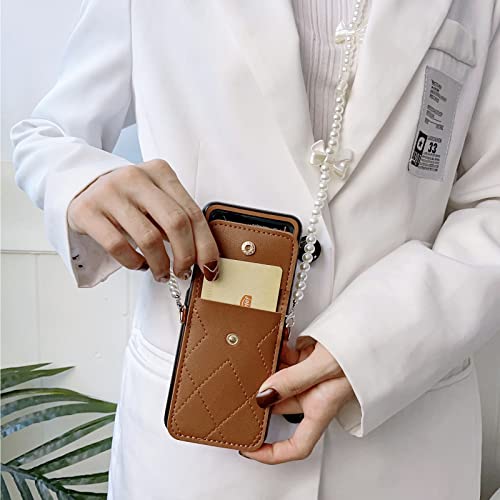 Wtowin Case For Galaxy Z Flip 4/3 With Adjustable Strap & Card Holder, Cute Wallet Z Flip 4/3 Case With Pearl Chain & Cash Slot For Women Girls, Pu Anti-Scratch Shockproof Case (Black,Z Flip 3) #TOP1