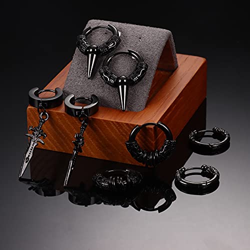 Sailimue 8Pairs Surgical Stainless Steel Huggie Hoop Earrings For Men Women Hypoallergenic Punk Hip Hop Cool Goth Earrings Black Silver Vintage Feather Drop Dangle Earrings Set Black #TOP6