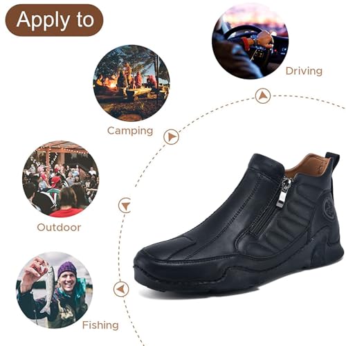 Image of Men's Leather Comfortable Slip on Chukka Ankle Boots Outdoor Lightweight Non-slip Side Zipper Flat Driving Shoes for Walking Hiking