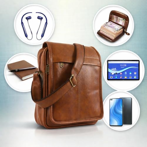 Image of Men's Leather Sling Bag Crossbody Messenger Shoulder Bag | Stylish Office Travel Side Bag with Multiple Compartments, Adjustable Strap & Secure Pockets for Daily Use